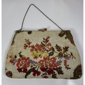 Vintage Delill Beaded Floral Evening Purse Bag Hardware Beaded Strap Needlepoint